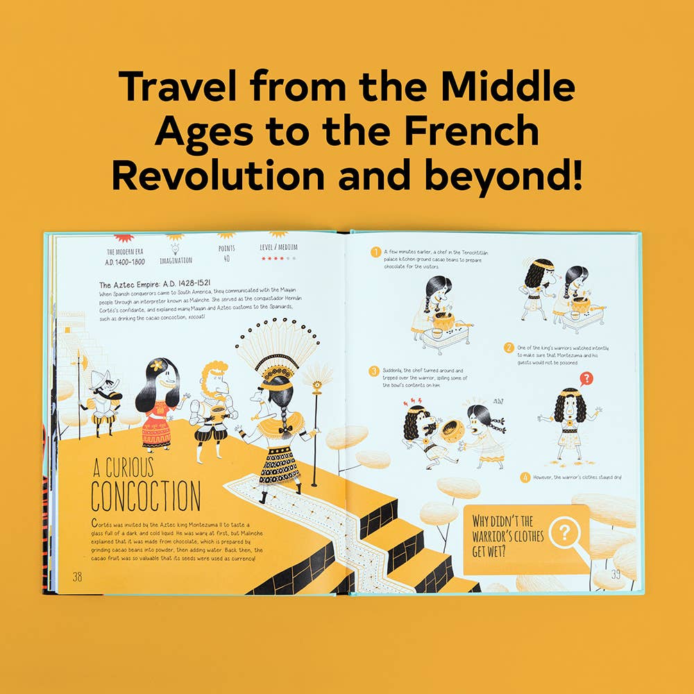 Sleuth & Solve book featuring illustrated historical cartoon heroes, text, and interactive puzzle headings.