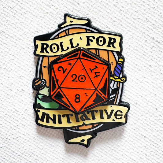 Roll For Initiative D20 Dice Pin (Deluxe) with a spinning 20-sided die over a sword and shield.