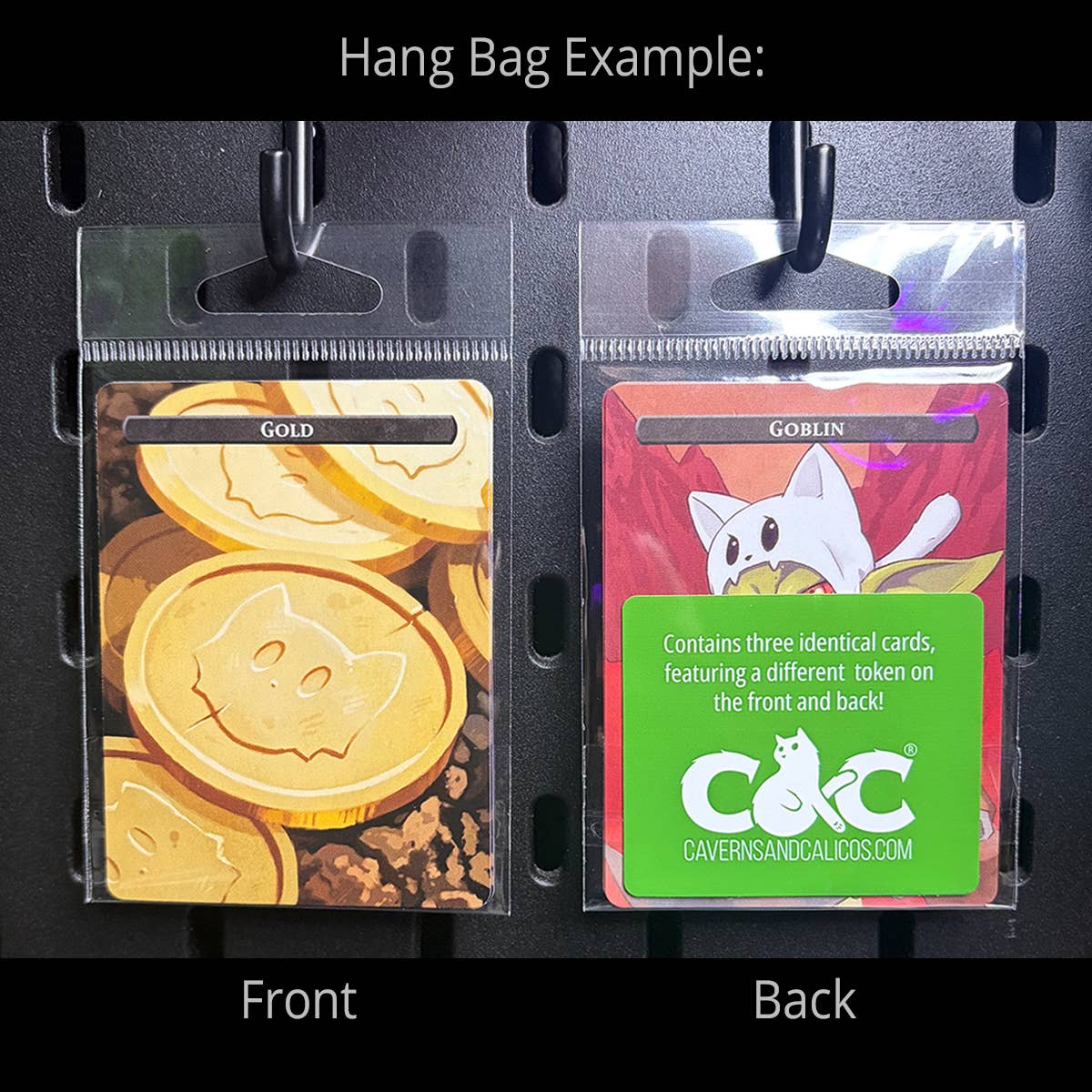 Squirrel & Food Token Set: two packs of cat-faced gold coin Food tokens, packaging back shows goblin cat and info sticker.