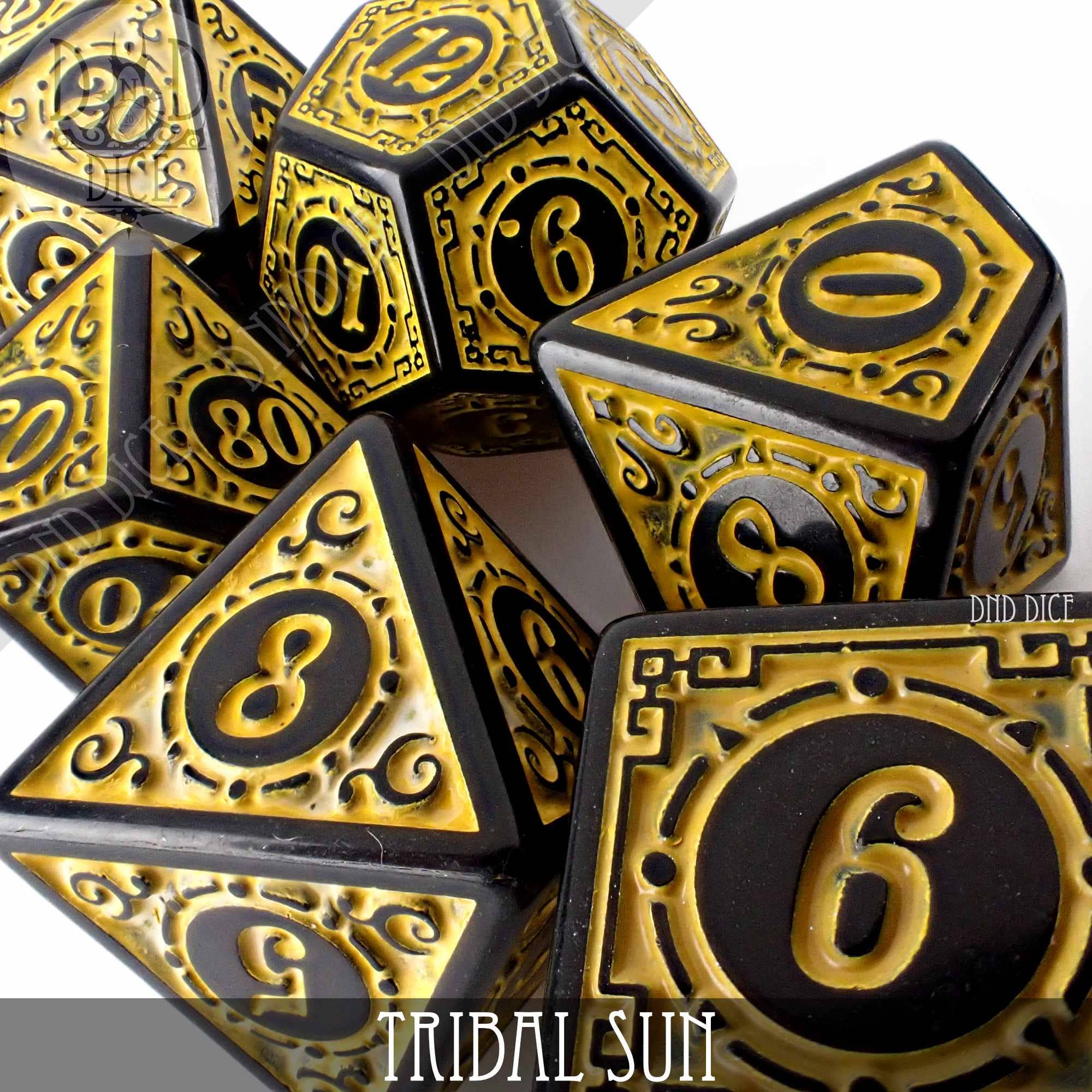 Black and gold acrylic RPG dice with tribal sun patterns, Tribal Sun set.