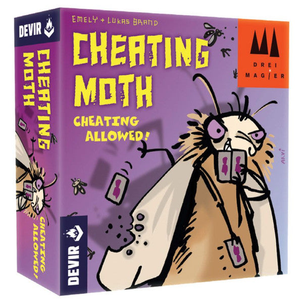 Cheating Moth card game in a purple box featuring a cartoon moth and playing cards.
