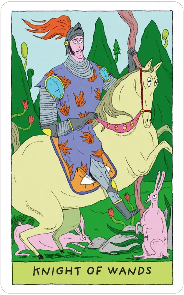 Whimsical Witch Tarot in a Tin featuring a witch in orange on a yellow broom with pink rabbits under trees.