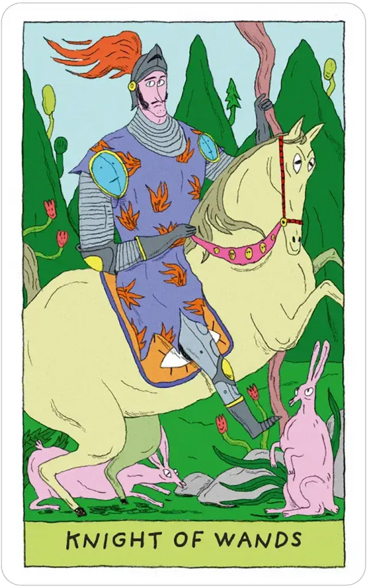 Whimsical Witch Tarot in a Tin featuring a witch in orange on a yellow broom with pink rabbits under trees.