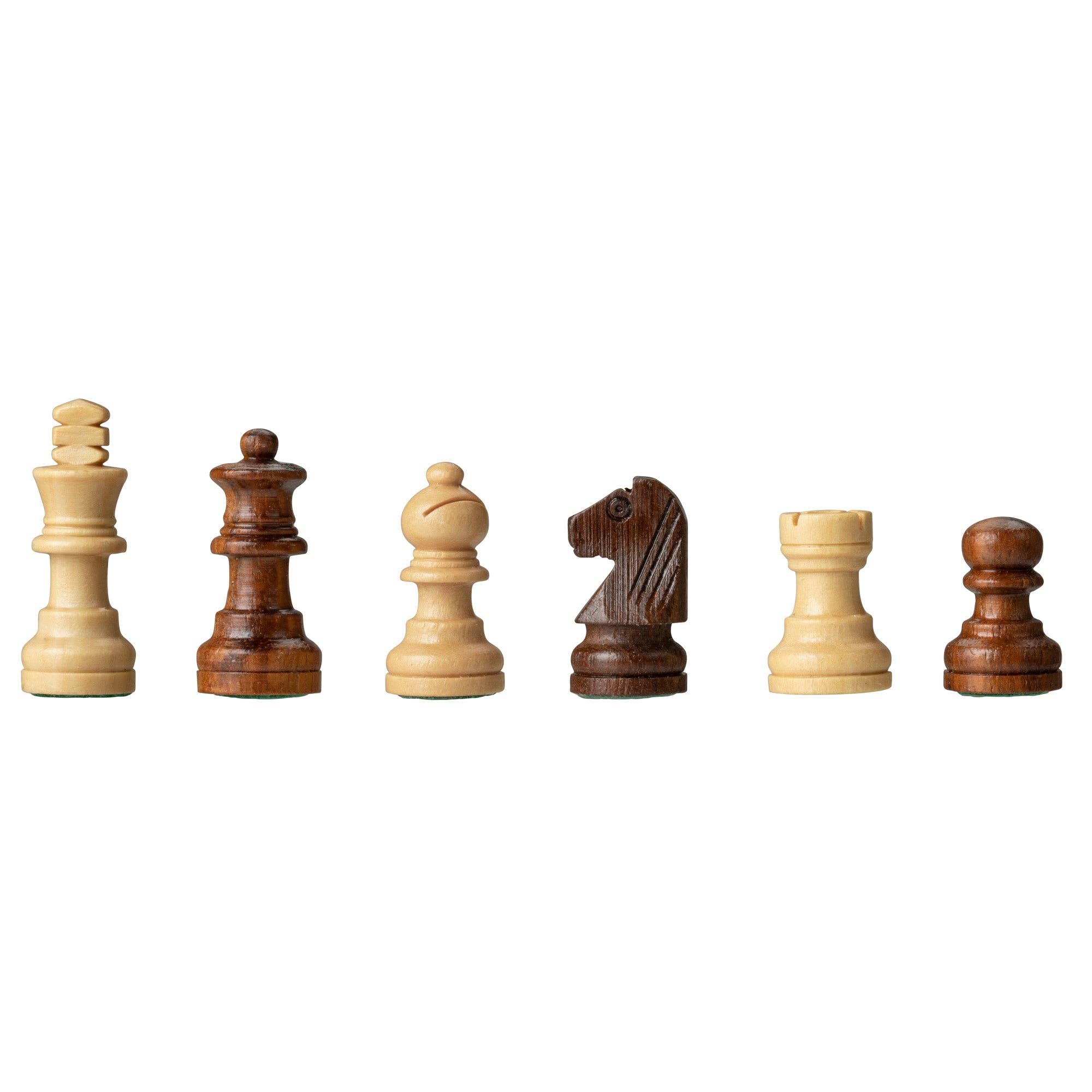 Six chess pieces from the Travel Magnetic Wood Folding Chess Set, 7-inch size, shown in a row on a white background.