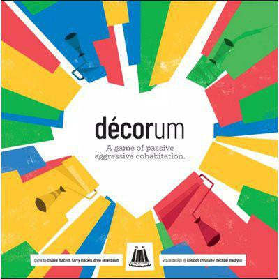 Decorum cooperative board game with a white heart on the cover, surrounded by colorful abstract shapes.