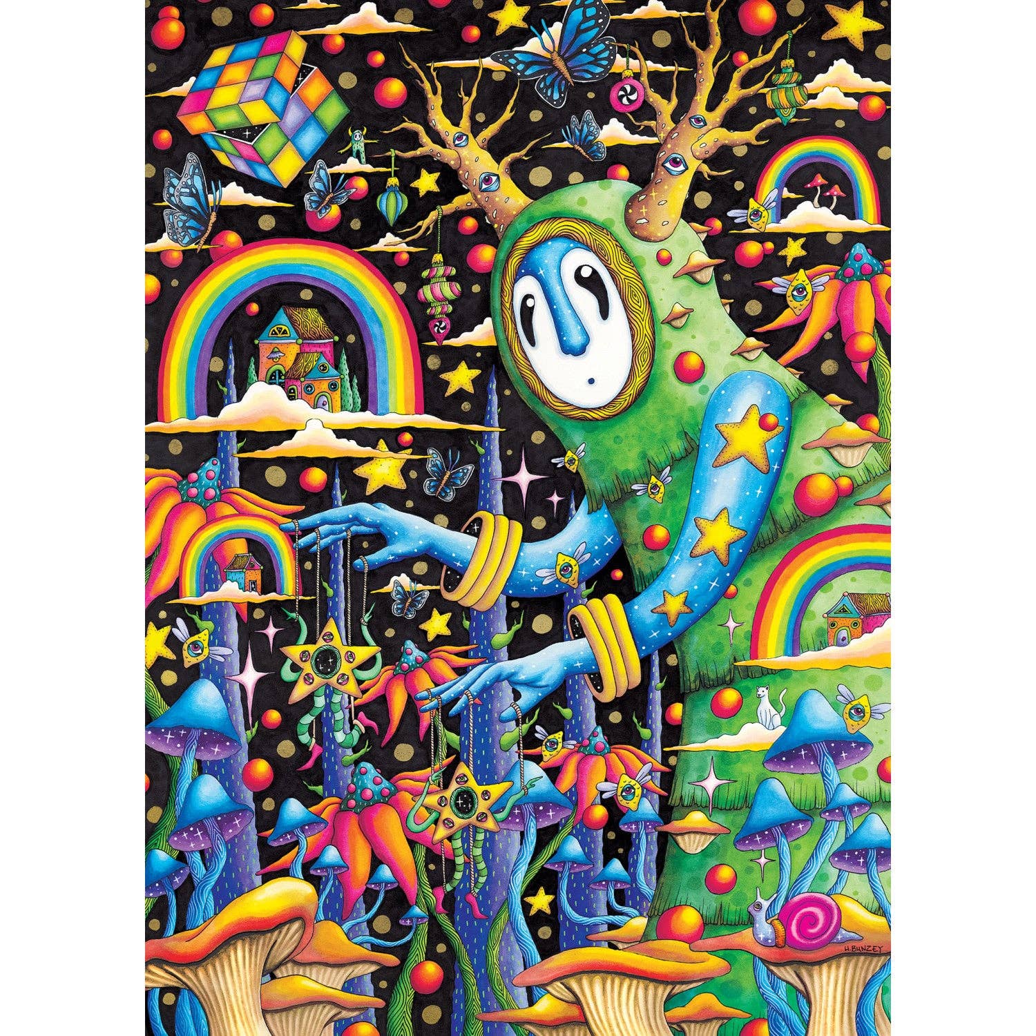 Wonderous Worlds - The World Was Mad 1000 Piece Puzzle featuring a surreal scene with green creature, rainbows, mushrooms, and stars.