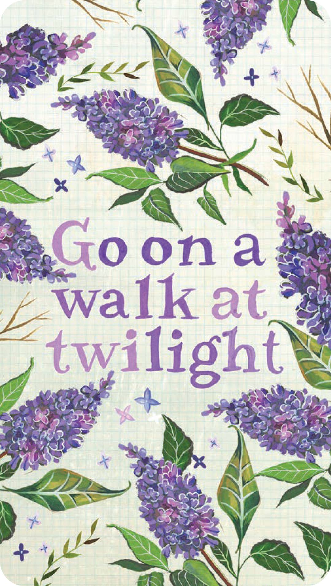 How to Be a Moonflower Deck by Katie Daisy, card reads “Go on a walk at twilight” in purple.