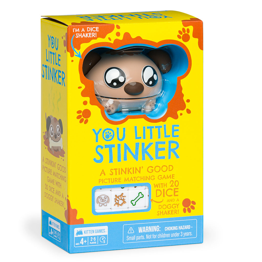 You Little Stinker game box, yellow, with dog shaker, dice, and pawprints shown on the packaging.