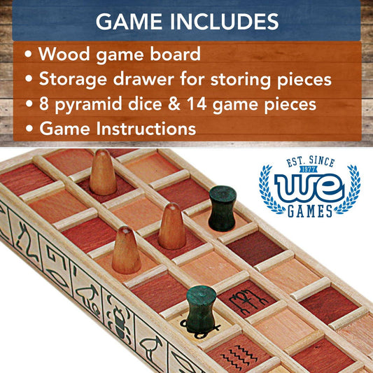 Wood Senet Game with board, playing pieces, dice, item list, and WE Games logo.