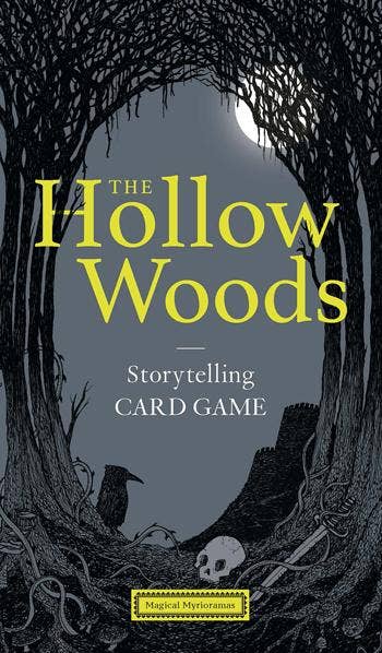 The Hollow Woods storytelling cards featuring dark forest, skulls, and full moon illustrations.