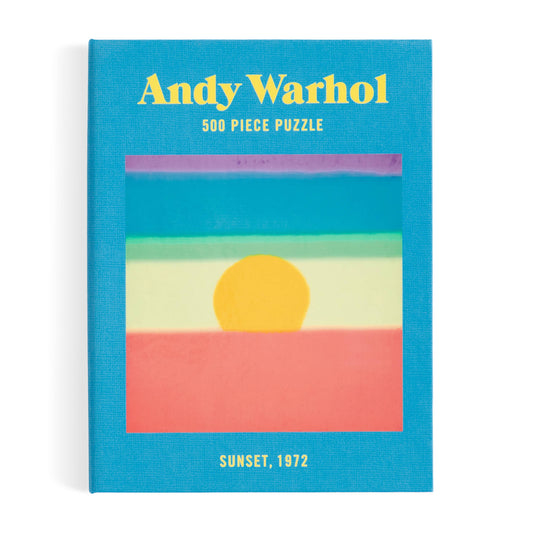 Andy Warhol Sunset 500-piece puzzle with 1972 Sunset art in a blue keepsake box.