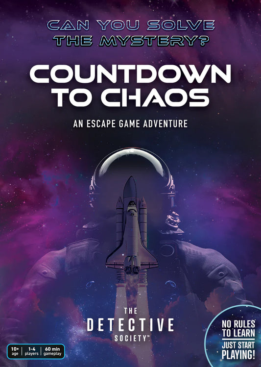Countdown to Chaos escape game packaging featuring a space shuttle launch and an astronaut; product name shown.