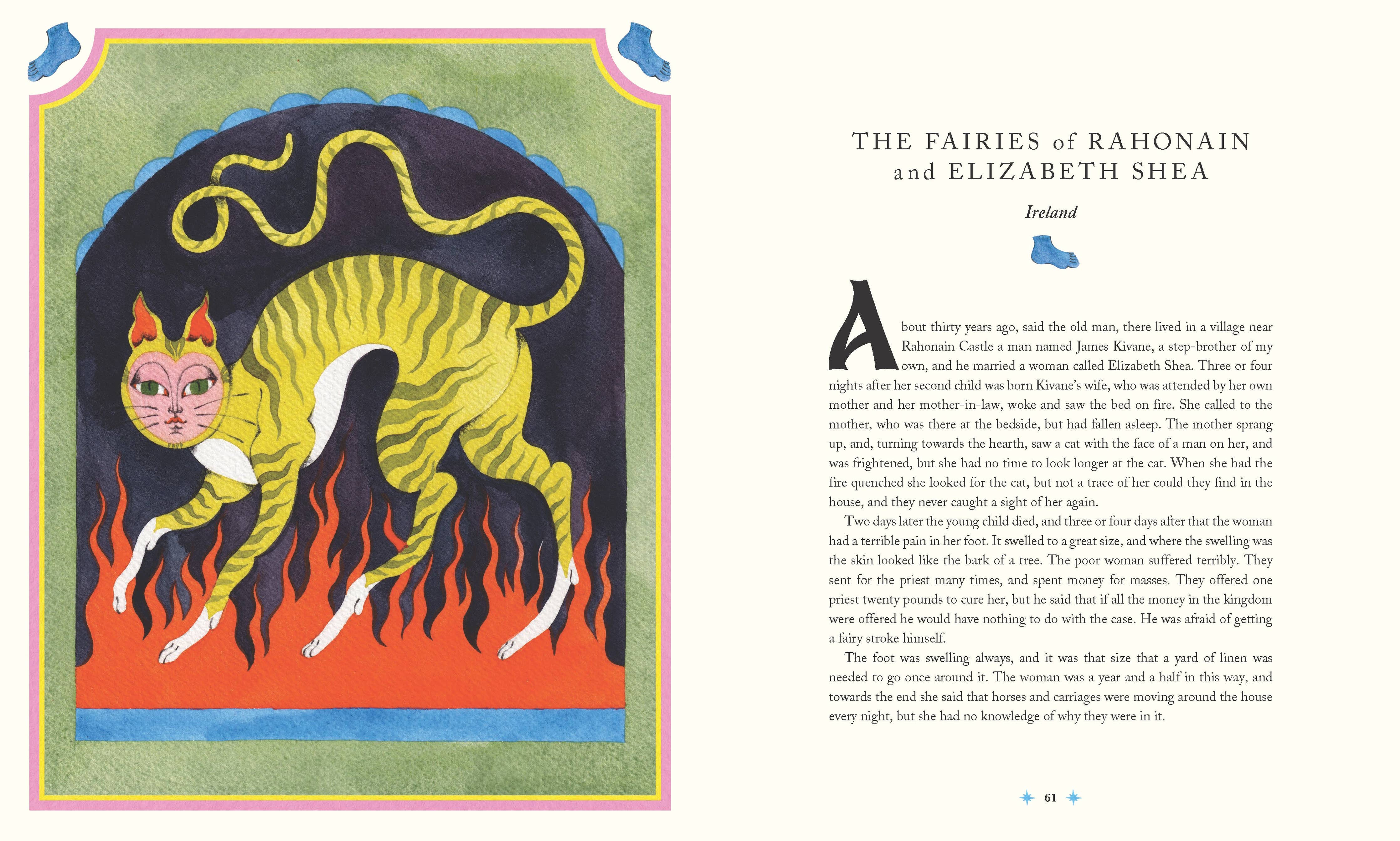 Tales of the Fae book with yellow-striped red-faced cat illustration beside the title in a decorative frame.