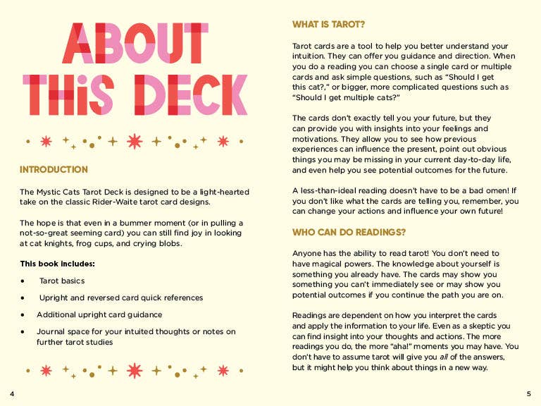 Mystic Cats Tarot 78-card deck and guidebook featuring kawaii cat designs with pink and yellow text.