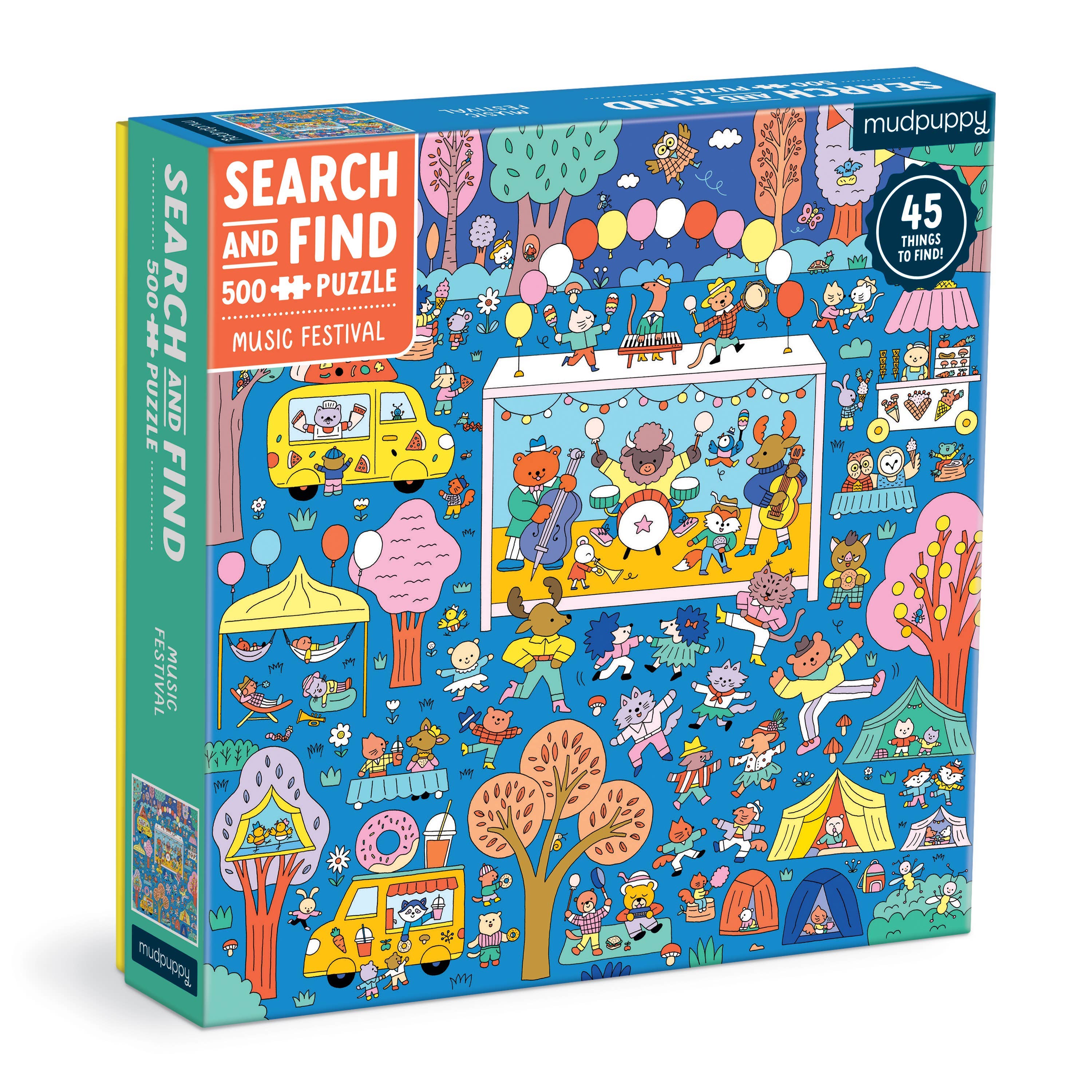 Music Festival 500 Piece Search and Find Family Puzzle with animal band, food truck, and festive scene.