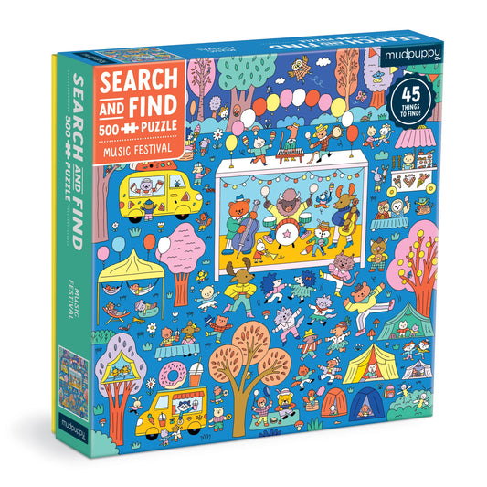 Music Festival 500 Piece Search and Find Family Puzzle with animal band, food truck, and festive scene.