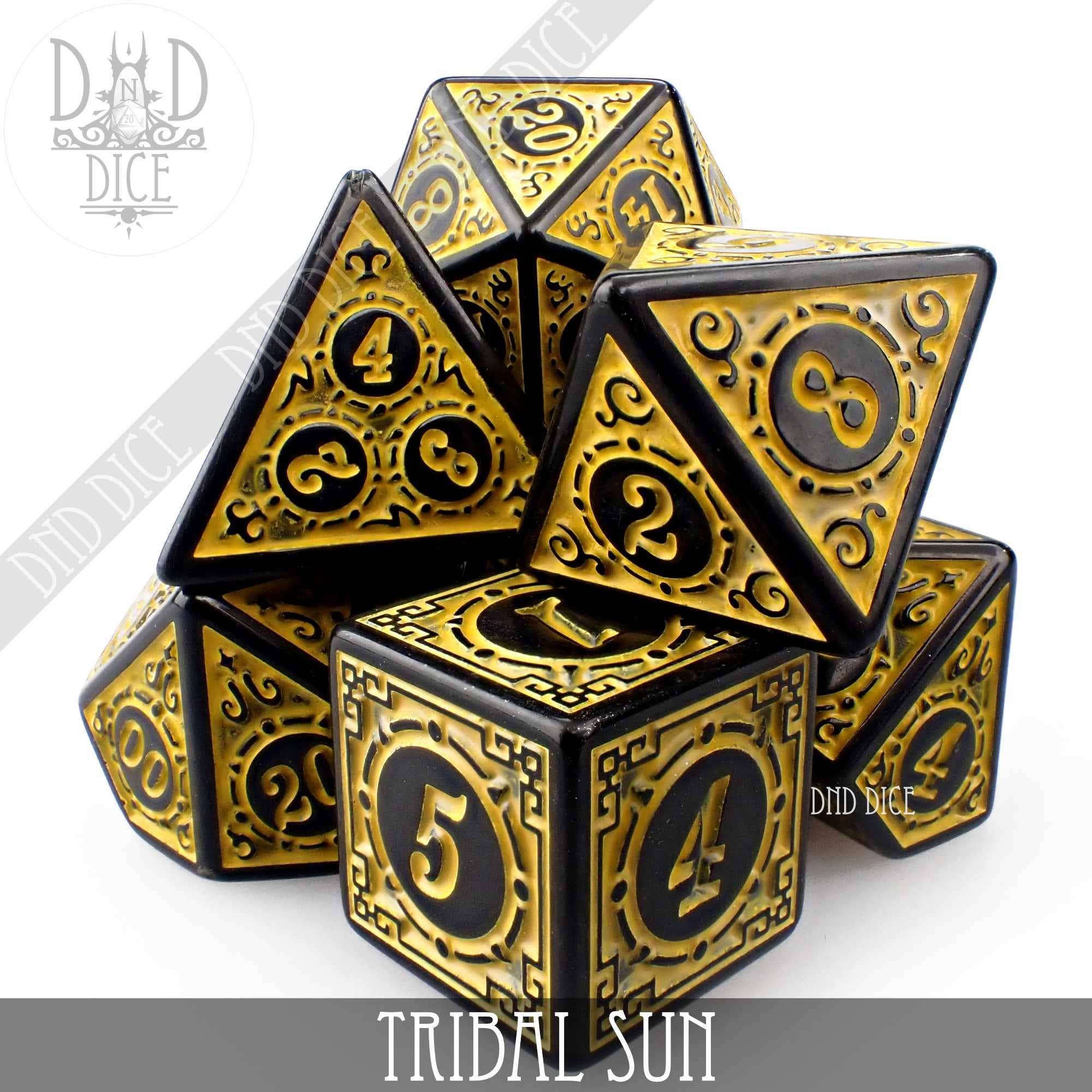 Tribal Sun dice set with ornate gold and black designs for RPG games.