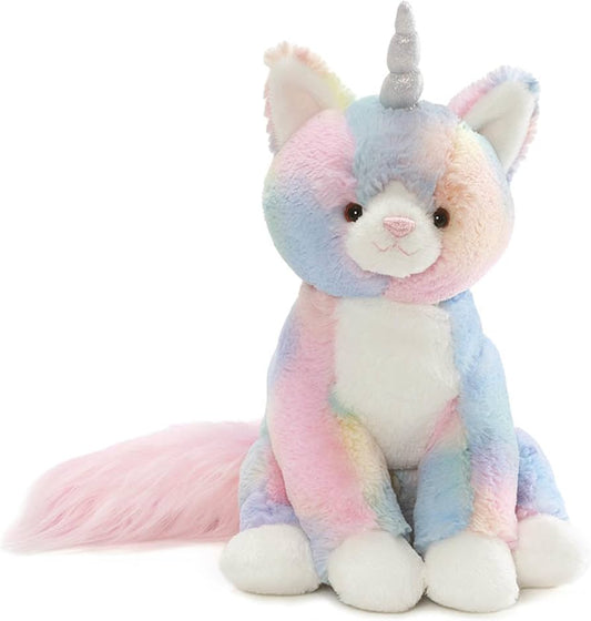 Shimmer Caticorn plush with unicorn horn and pink tail, sitting on a white background.