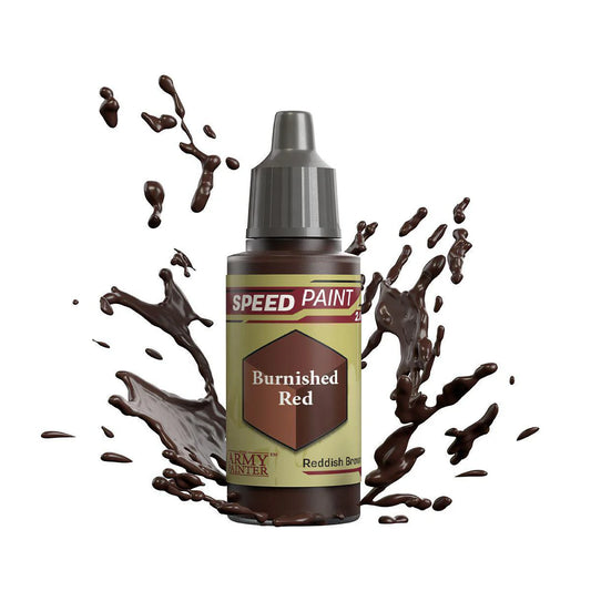 Army Painter Speedpaint bottle, Burnished Red variant, with dark paint splashes around the bottle.
