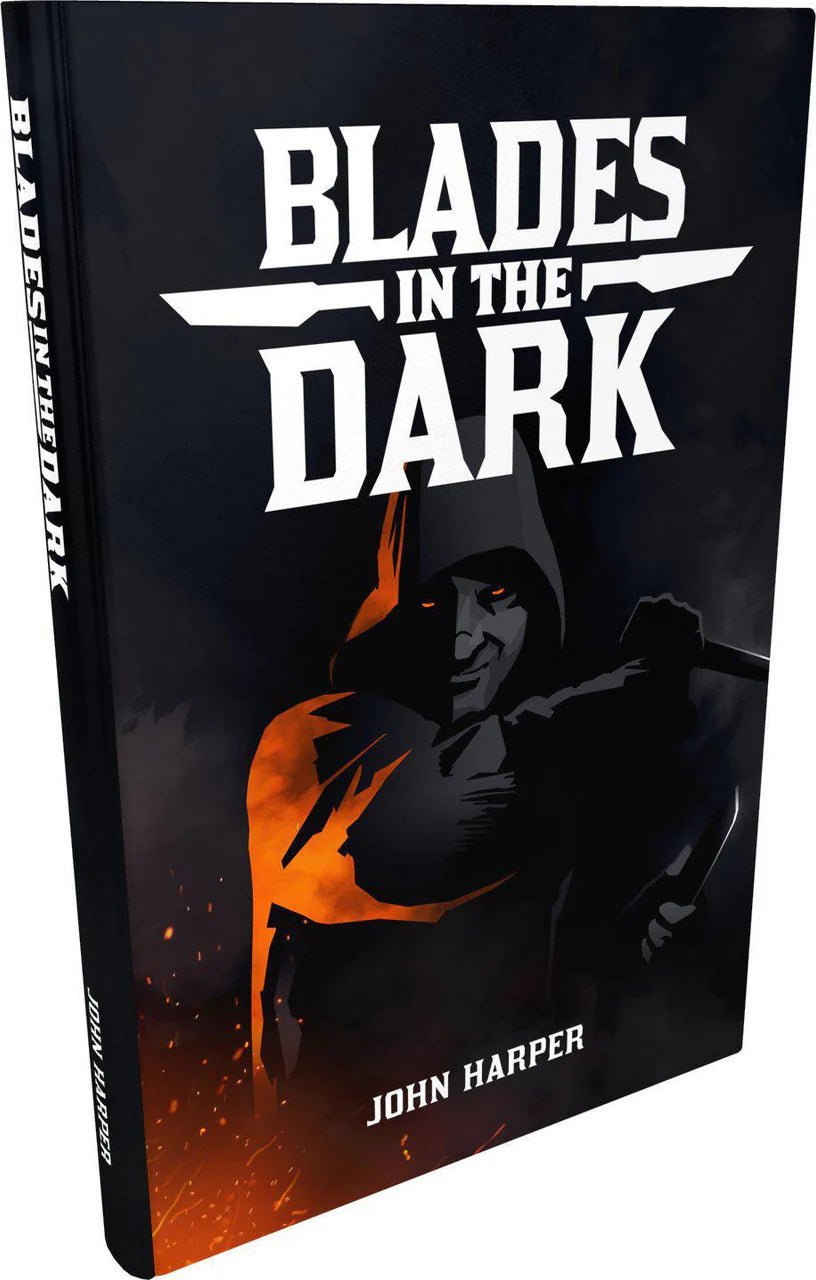 Blades in the Dark book with a hooded figure and bold white title on the cover.