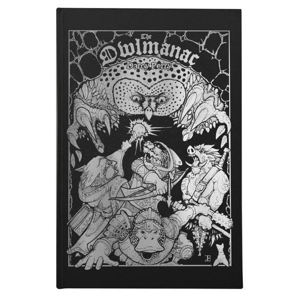 The Owlmanac Shadowdark supplement, black cover featuring anthropomorphic characters and fantasy creatures.