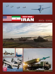 Next War: Iran board game cover featuring military jets, tanks, missiles, and US and Iran flags.