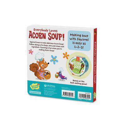 Everybody Loves Acorn Soup childrens board book featuring a squirrel with kitchen items and colorful illustrations.