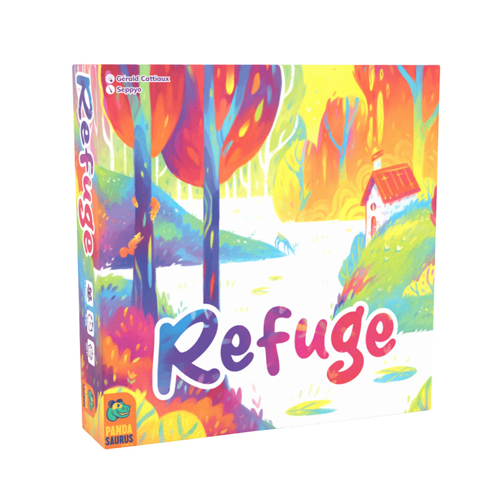 Refuge board game box featuring illustrated trees and a house on the cover.