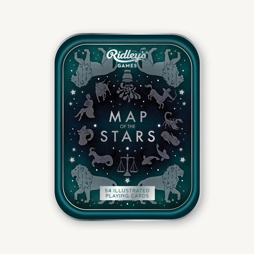 Map of the Stars Playing Cards set in rectangular tin, 54 constellation cards by Ridley’s Games.