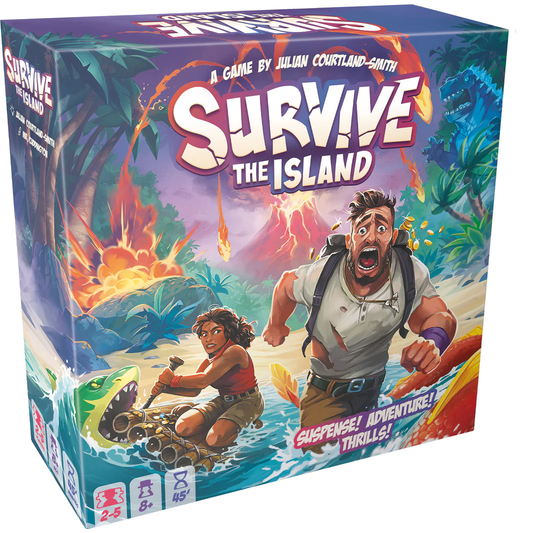 Survive the Island Base Game box featuring adventurers escaping a volcano.