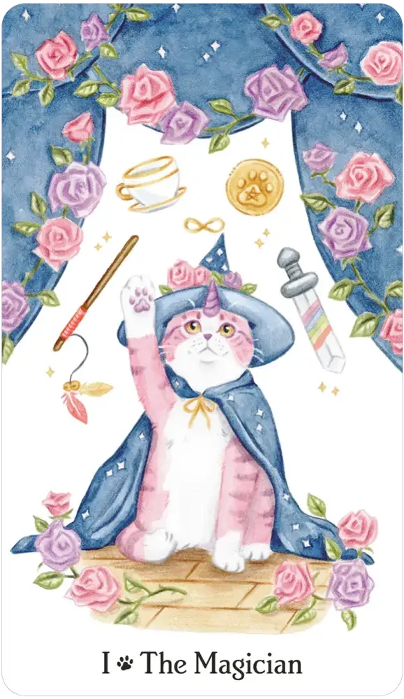 Caticorn Tarot card featuring The Magician variant with a pink cat in wizard attire, roses, and tarot cards.
