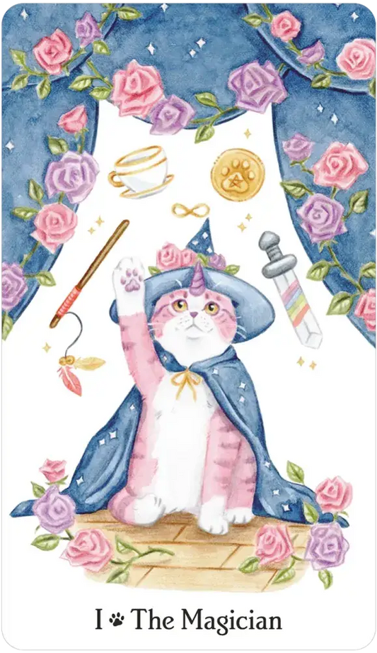 Caticorn Tarot card featuring The Magician variant with a pink cat in wizard attire, roses, and tarot cards.