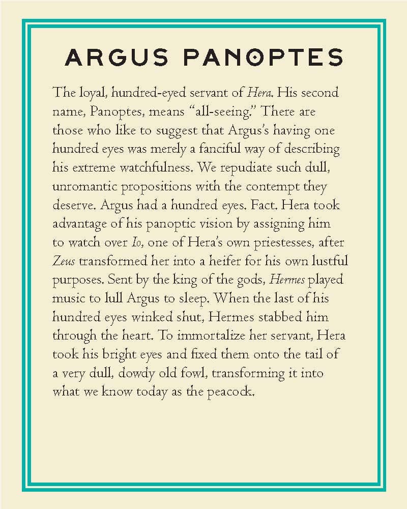The Mythos Deck featuring Argus Panoptes and the origin of the peacocks eye-like feathers in Greek mythology.