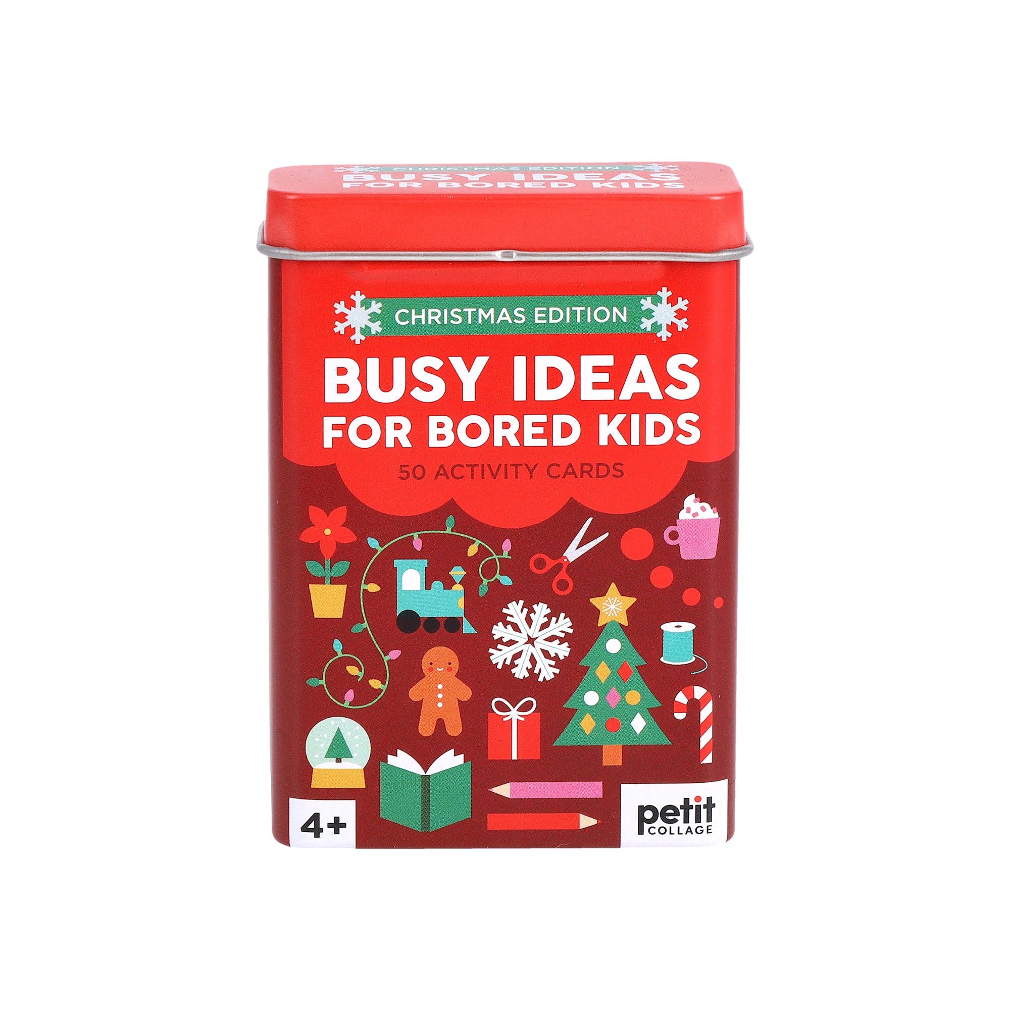 Busy Ideas for Bored Kids: Christmas Edition red tin containing 50 screen-free games and crafts for children.