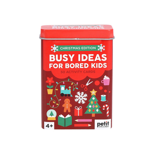 Busy Ideas for Bored Kids: Christmas Edition red tin containing 50 screen-free games and crafts for children.