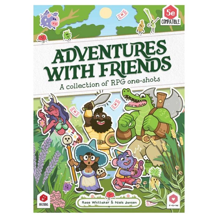 Adventures With Friends RPG book cover featuring illustrated diverse fantasy characters.