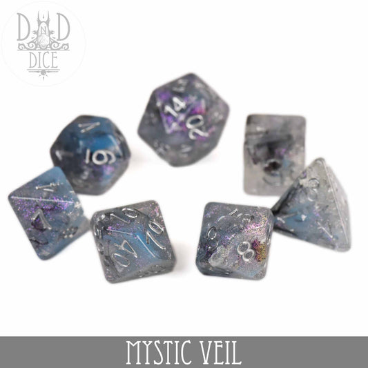 Mystic Veil 7-piece resin dice set featuring silver numbers and blue-purple swirls.