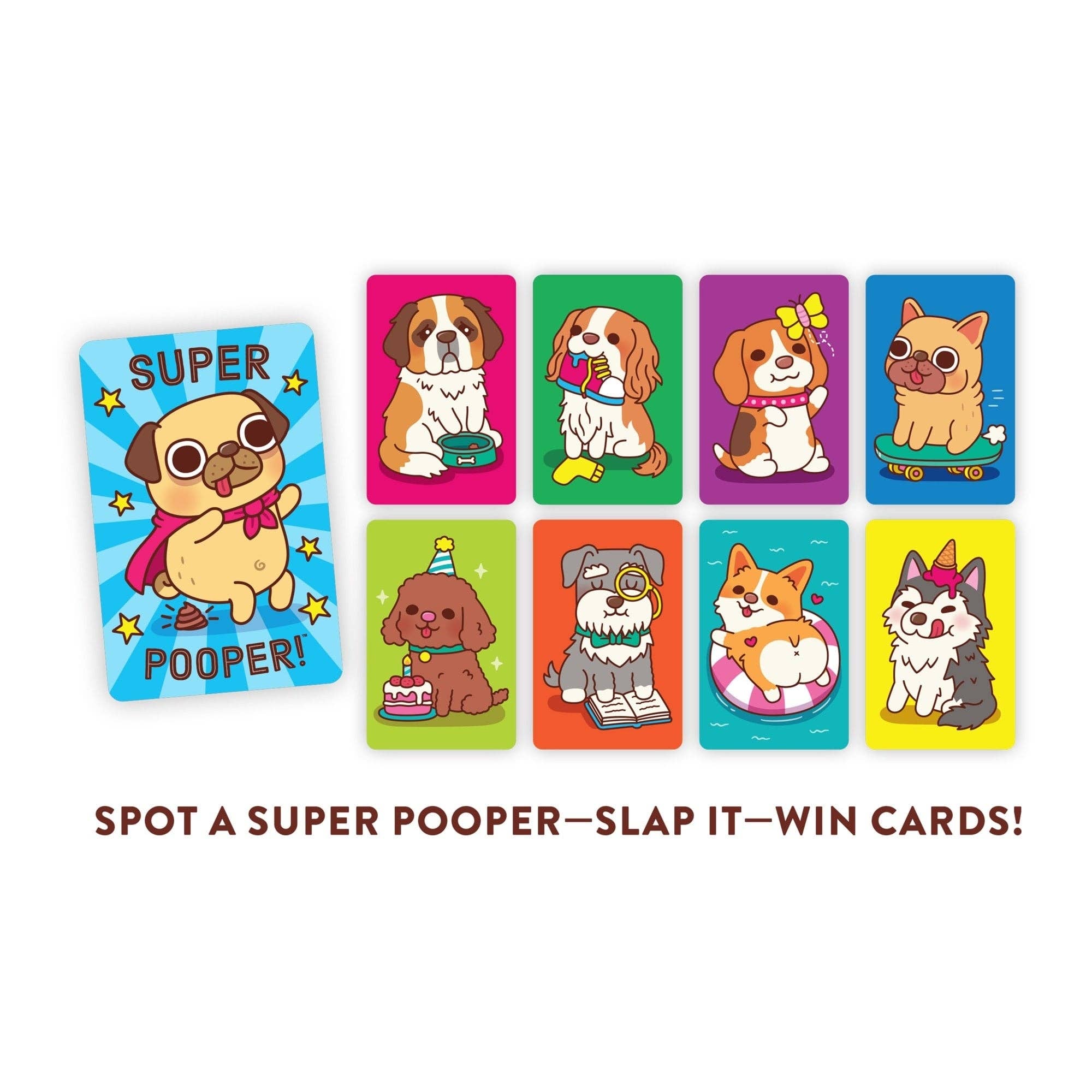 Super Pooper Card Game featuring spot and slap gameplay with dog cards. Designed for players of all ages.