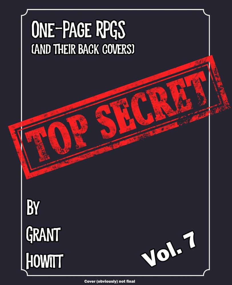 One Page Games Vol 7 book cover featuring quick-start RPGs and a red TOP SECRET stamp.