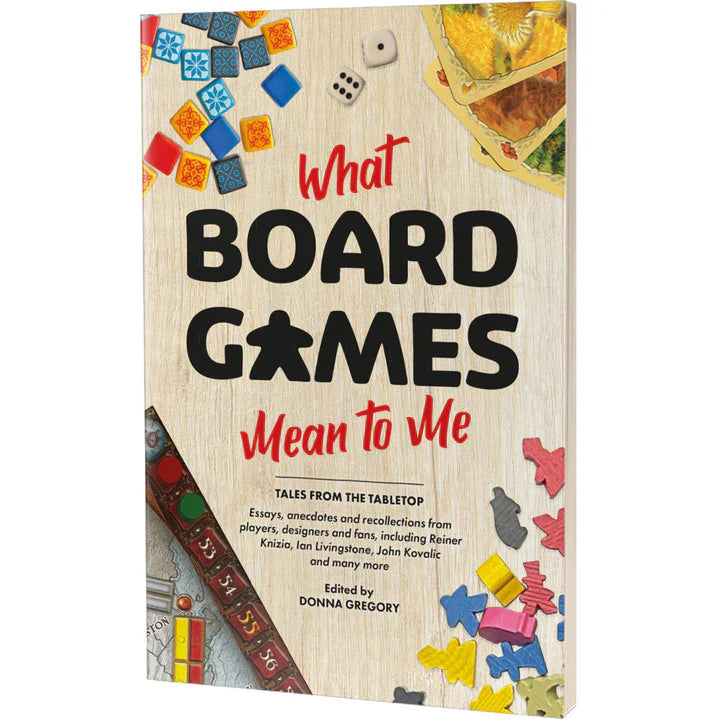 What Board Games Mean to Me board game cover with colorful game pieces and boards.