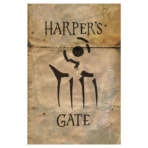 Weathered paper labeled Harpers Gate with a black gate symbol.