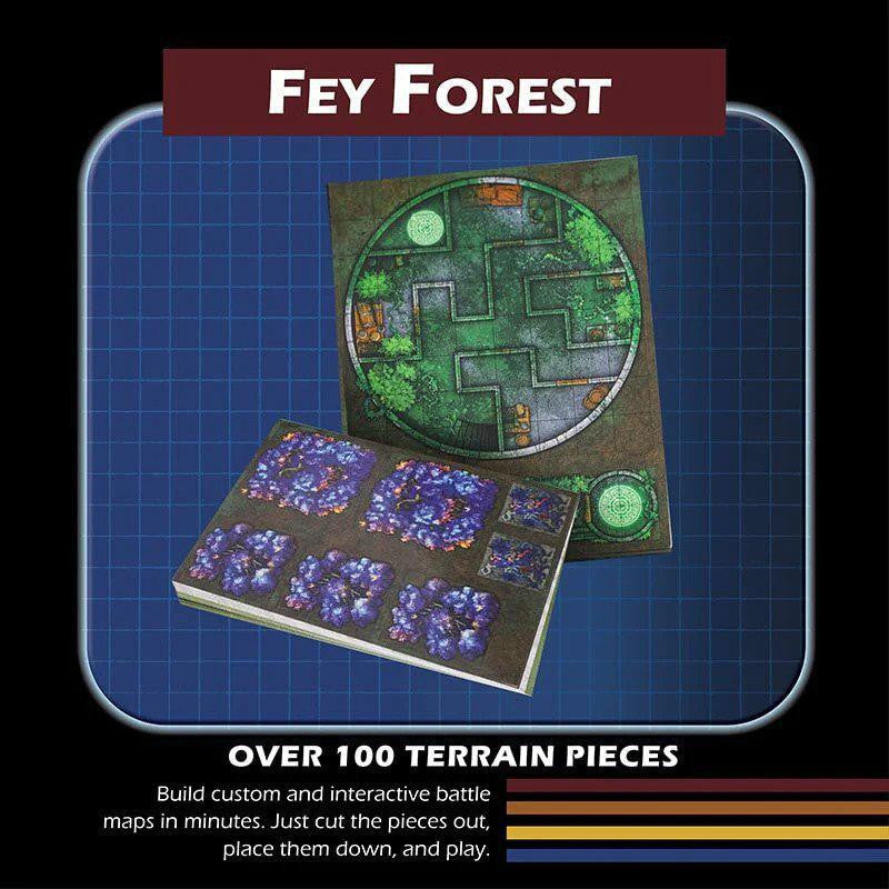 Dungeon Craft Fey Forest Pack: two 2D D&D maps, circle and rectangle, displayed on a blue grid background.
