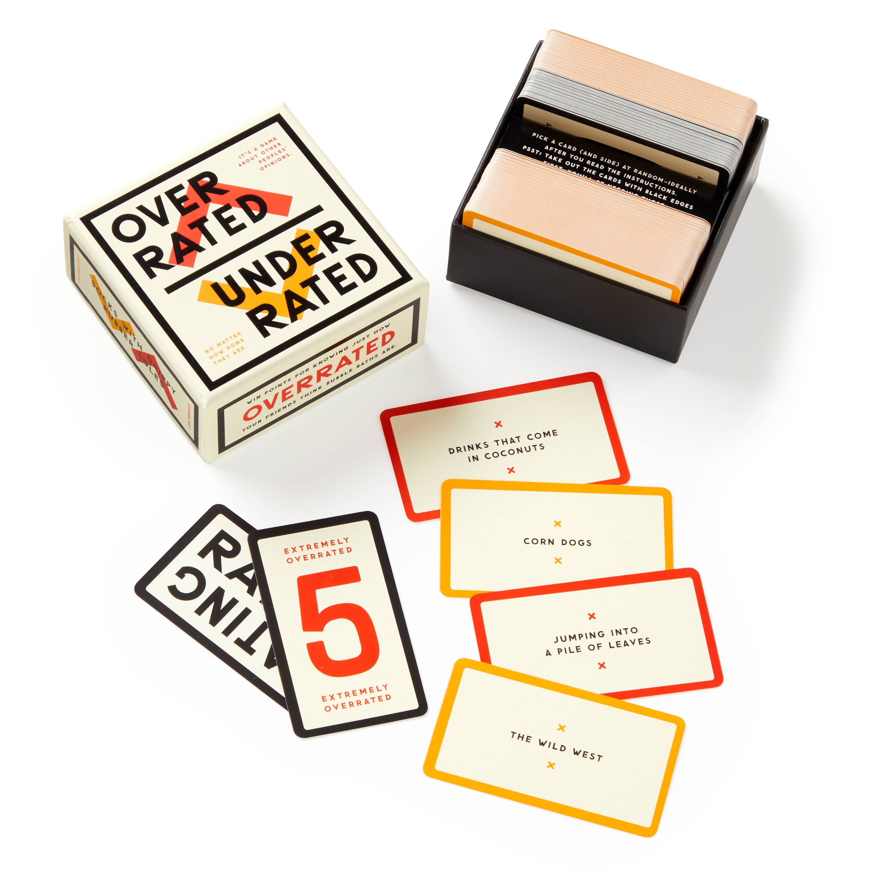 Brass Monkey Overrated / Underrated Social Game card set with score card in open box.