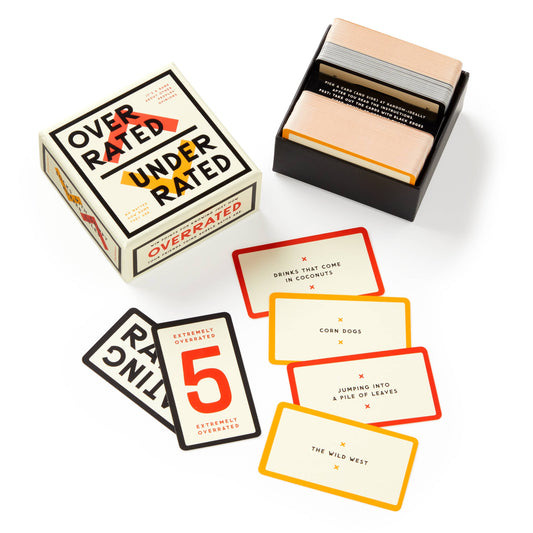 Overrated / Underrated Social Game with prompt cards, rating card, and box.