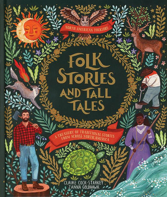 Book cover for Folk Stories and Tall Tales with folklore figures, animals, and decorative foliage.