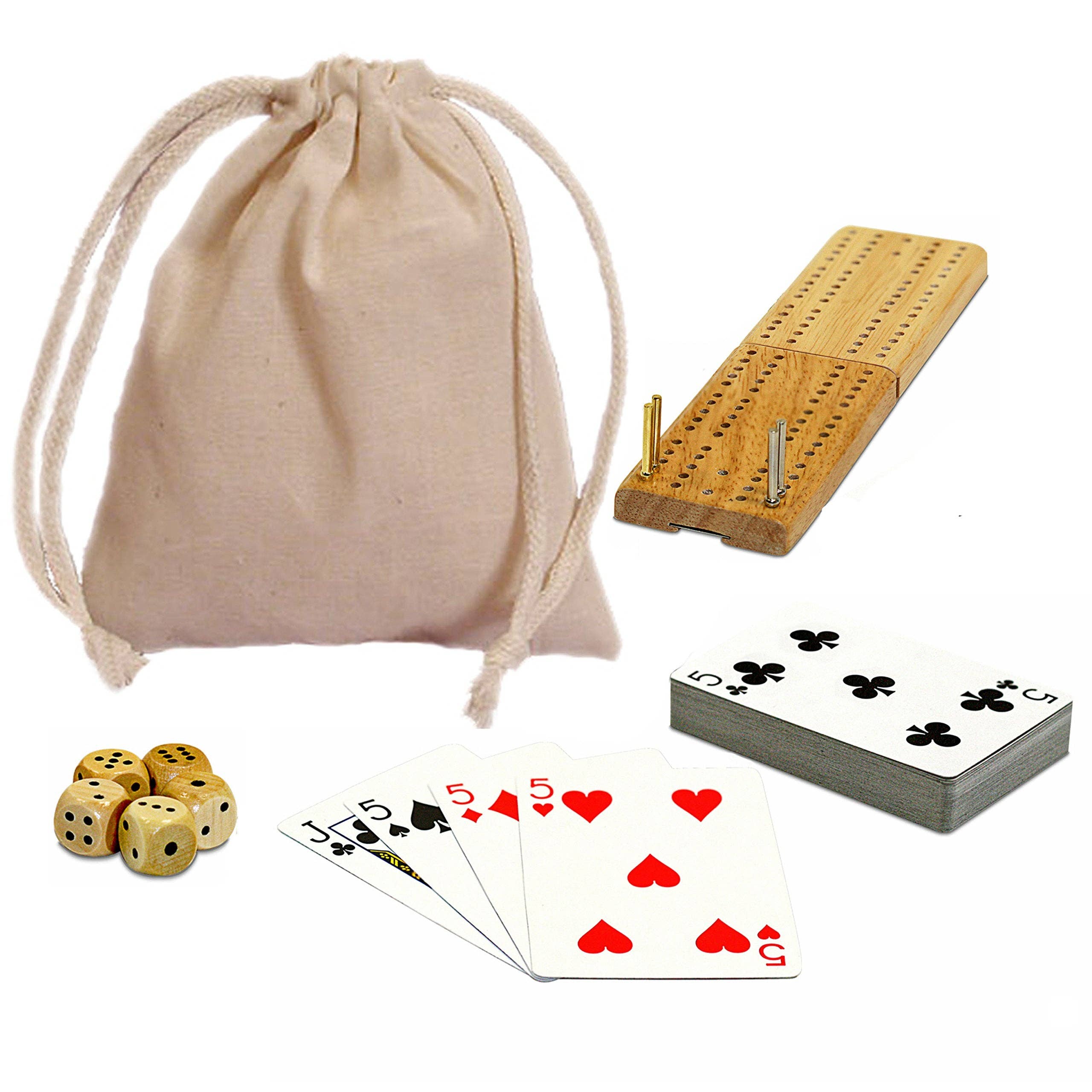 WE Games Cribbage and More Travel Game Pack with board, cards, 5 dice, and bag.