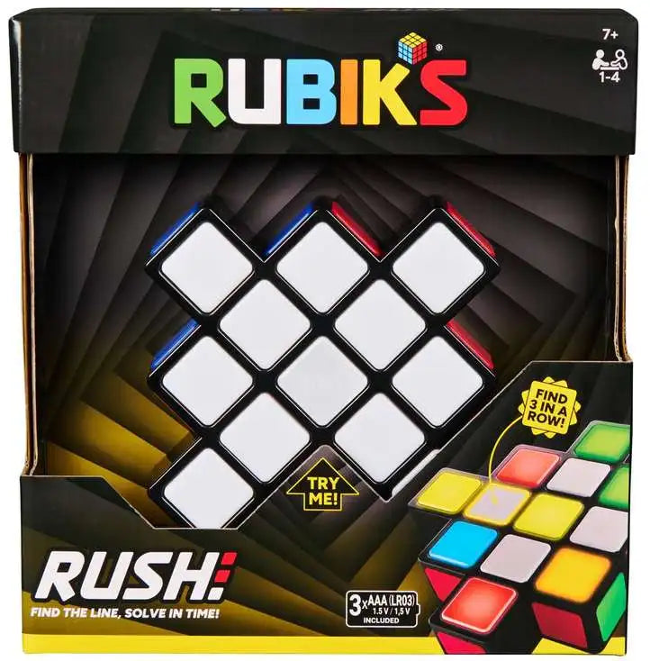 Rubiks Rush board game with cross-shaped puzzle and colorful, illuminated packaging.