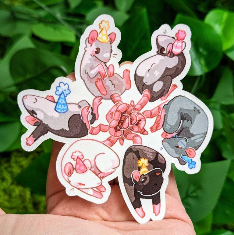 Rat Party Stickers featuring six cartoon rats wearing party hats, arranged in a circle with green leaves.