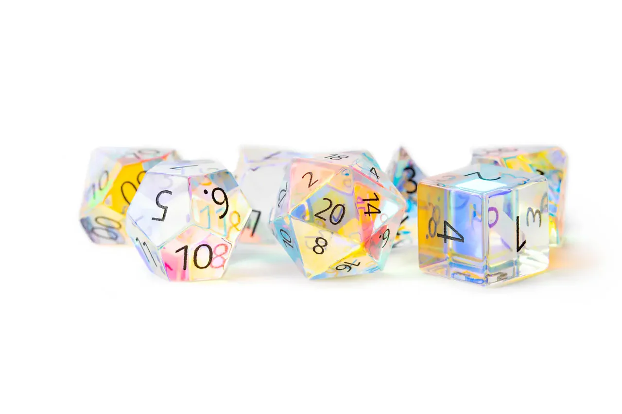 Rainbow Prism Glass 16mm polyhedral dice set with black numbers and engraved surfaces reflecting rainbow colors.
