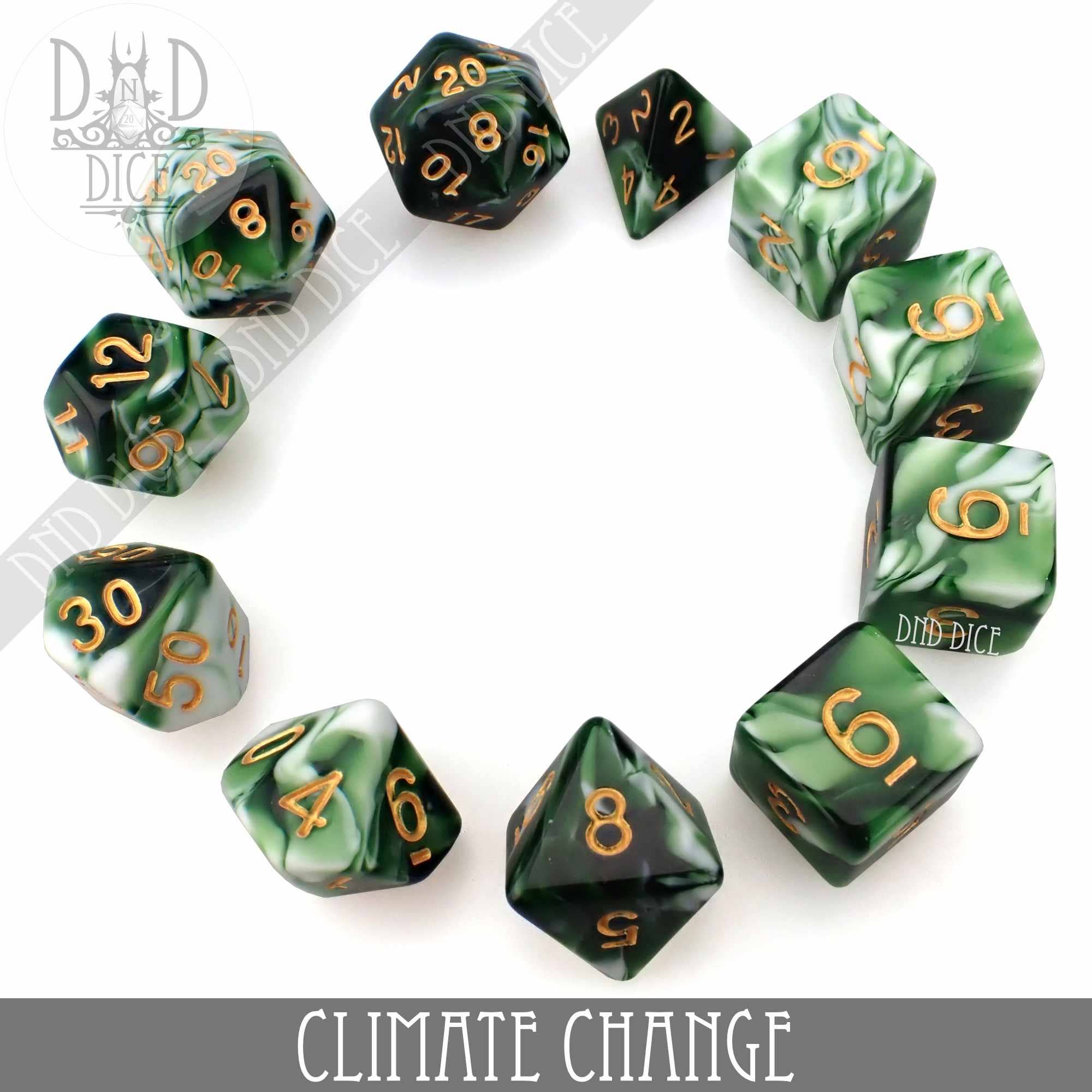 Green and white marbled acrylic dice with gold numbers arranged in a circle; text reads Climate Change 7 or 11.